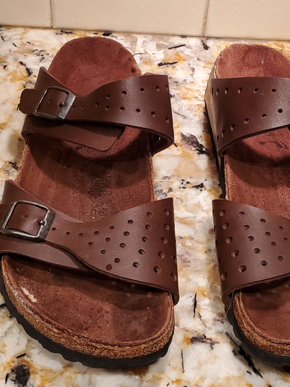 BIRKENSTOCK Birkis Brown Womens Size 7 Sandals Slip On Double Strap Slide EUC!